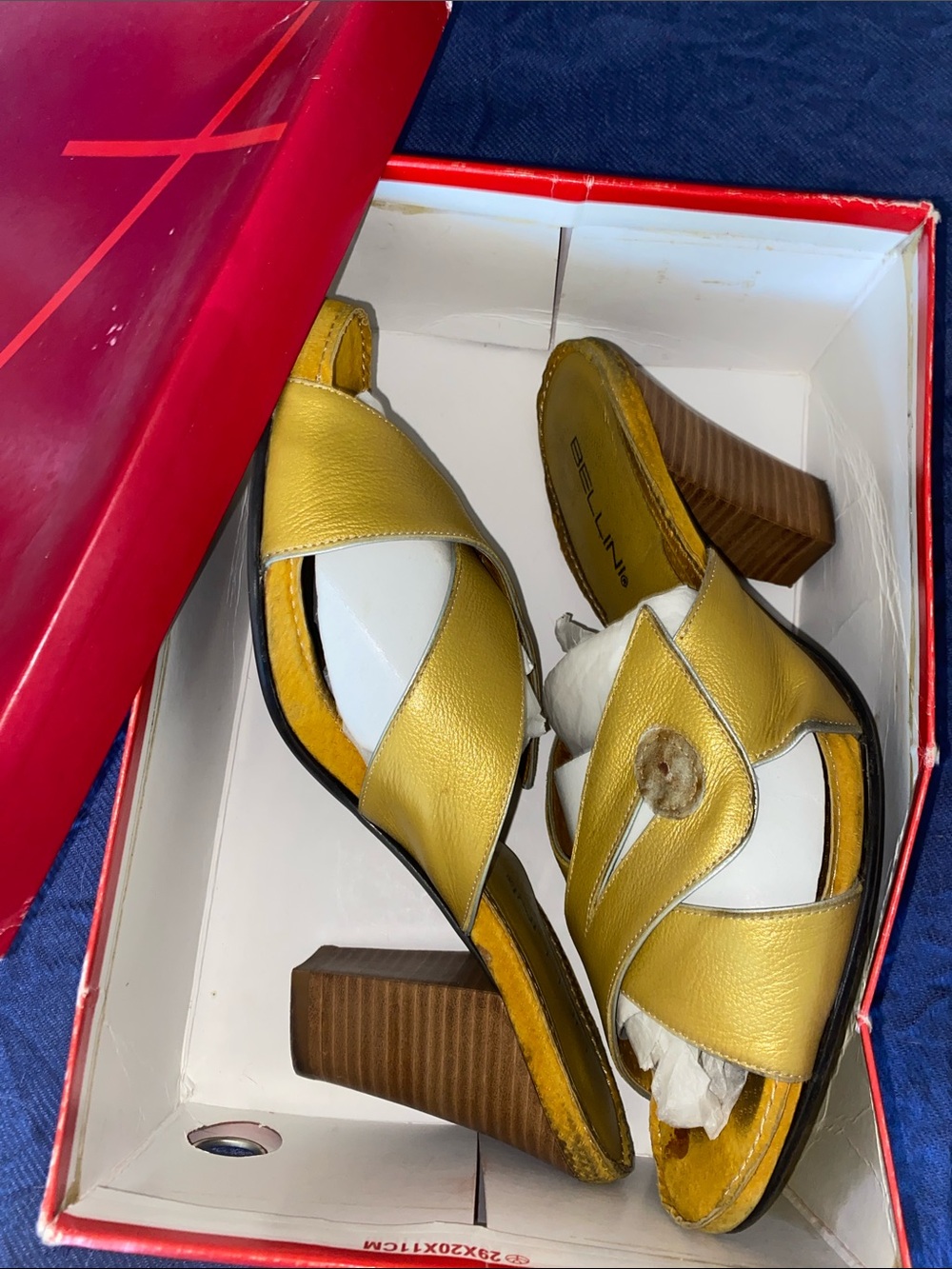 Bellini Yellow Crisscross Leather Block Heel Sandals